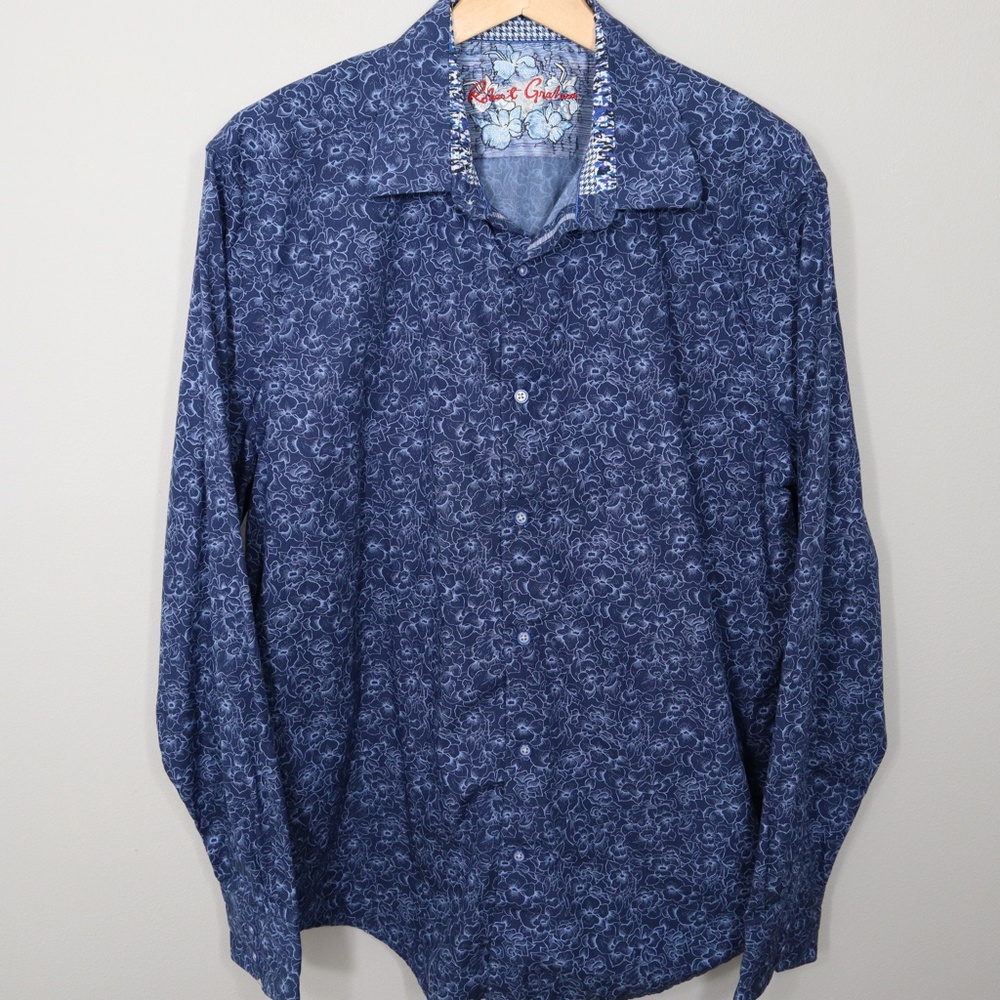 Robert Graham Long Sleeve Button Down - Dark Blue Floral Pattern - Men's 2XL